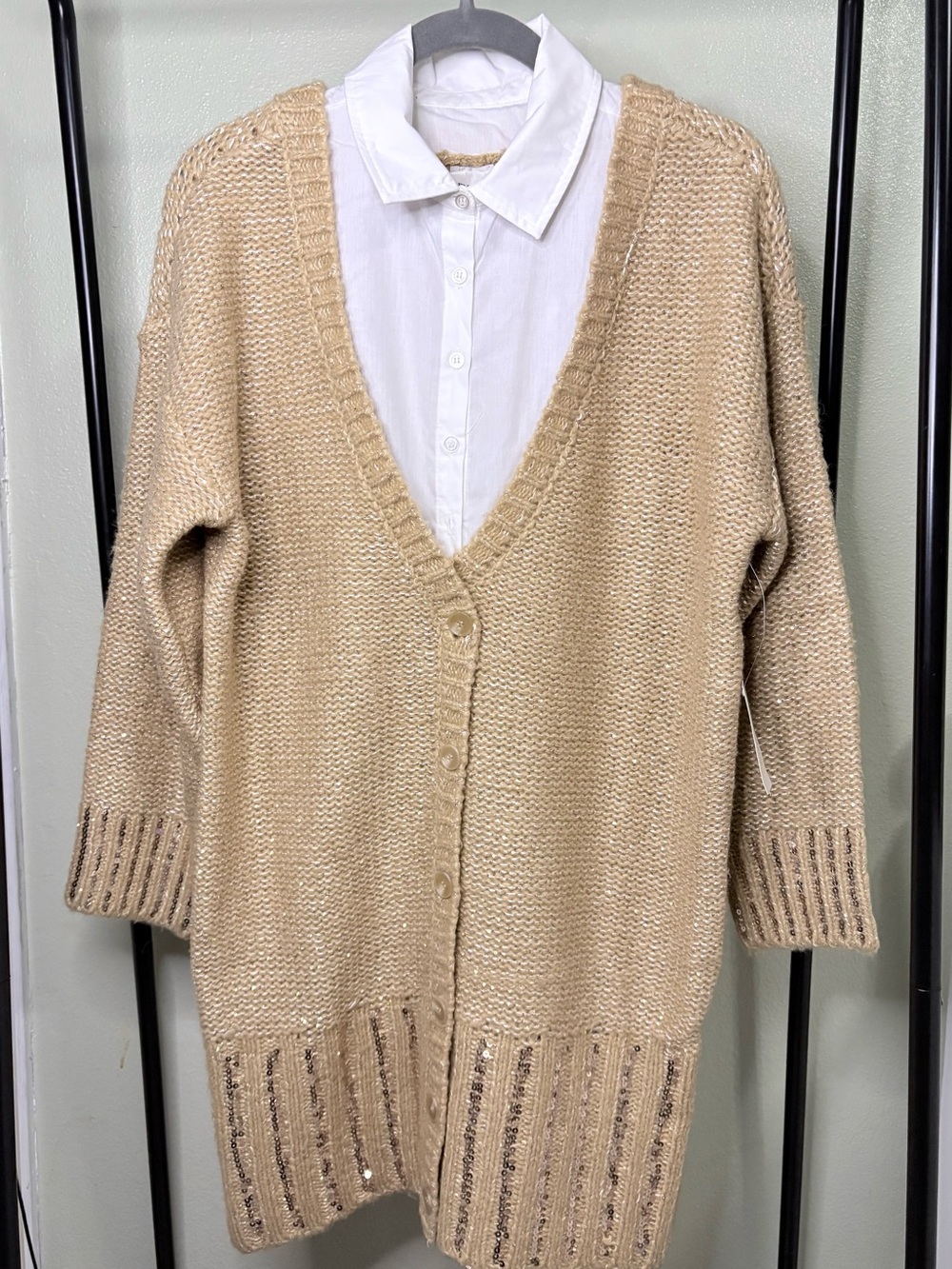 NWT Anthropologie Maeve Beige Shimmer Metallic Chunky Knit Longline Cardigan Siz